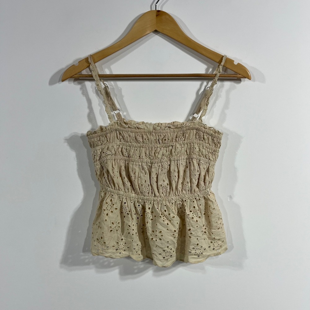 Urban Romantics Fisherman Eyelet Cotton‎ Smocked Peplum Camisole Top Beige Small
